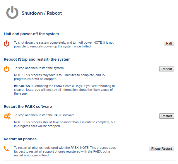 PBX shutdown and reboot page